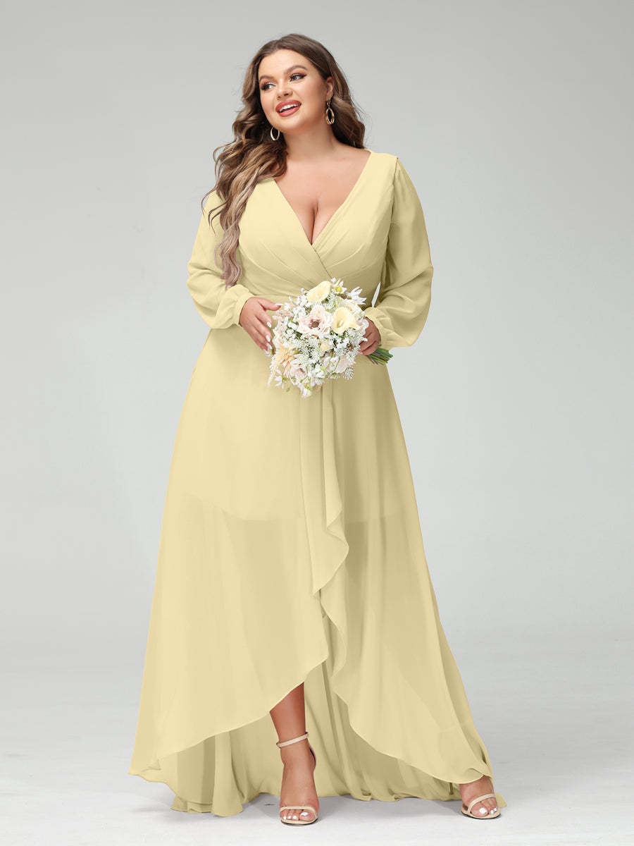Plus Size Asymmetrical A-Line Bridesmaid Dress with V-Neck and Long Sleeves, Featuring Pockets