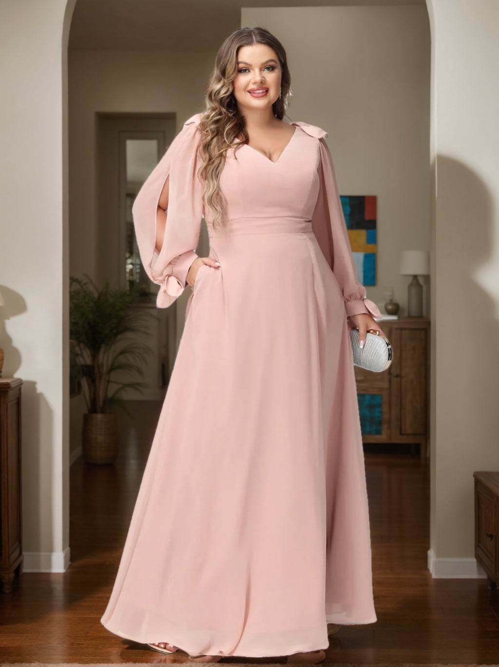 Plus Size V-Neck A-Line Princess Bridesmaid Dress with Long Sleeves, Side Split, and Pockets