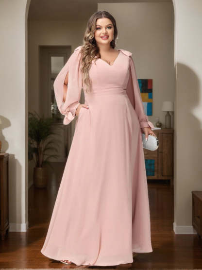 Plus Size V-Neck A-Line Princess Bridesmaid Dress with Long Sleeves, Side Split, and Pockets