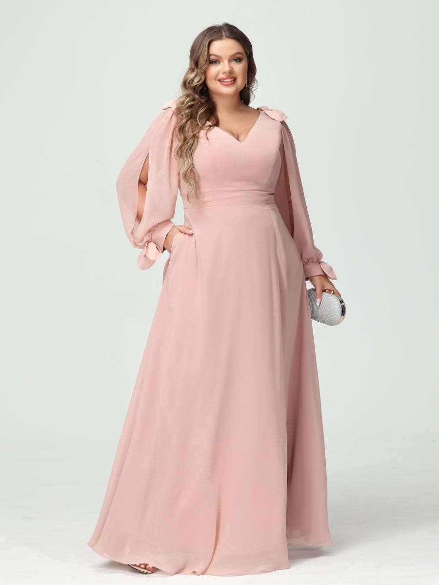 Plus Size V-Neck A-Line Princess Bridesmaid Dress with Long Sleeves, Side Split, and Pockets