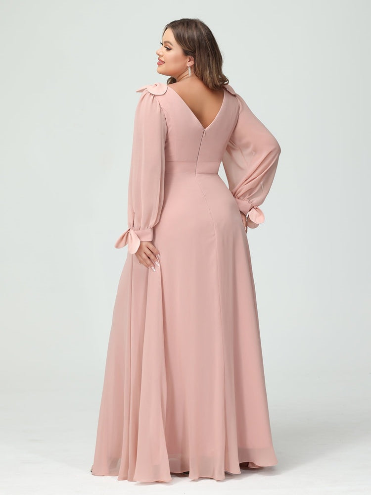Plus Size V-Neck A-Line Princess Bridesmaid Dress with Long Sleeves, Side Split, and Pockets