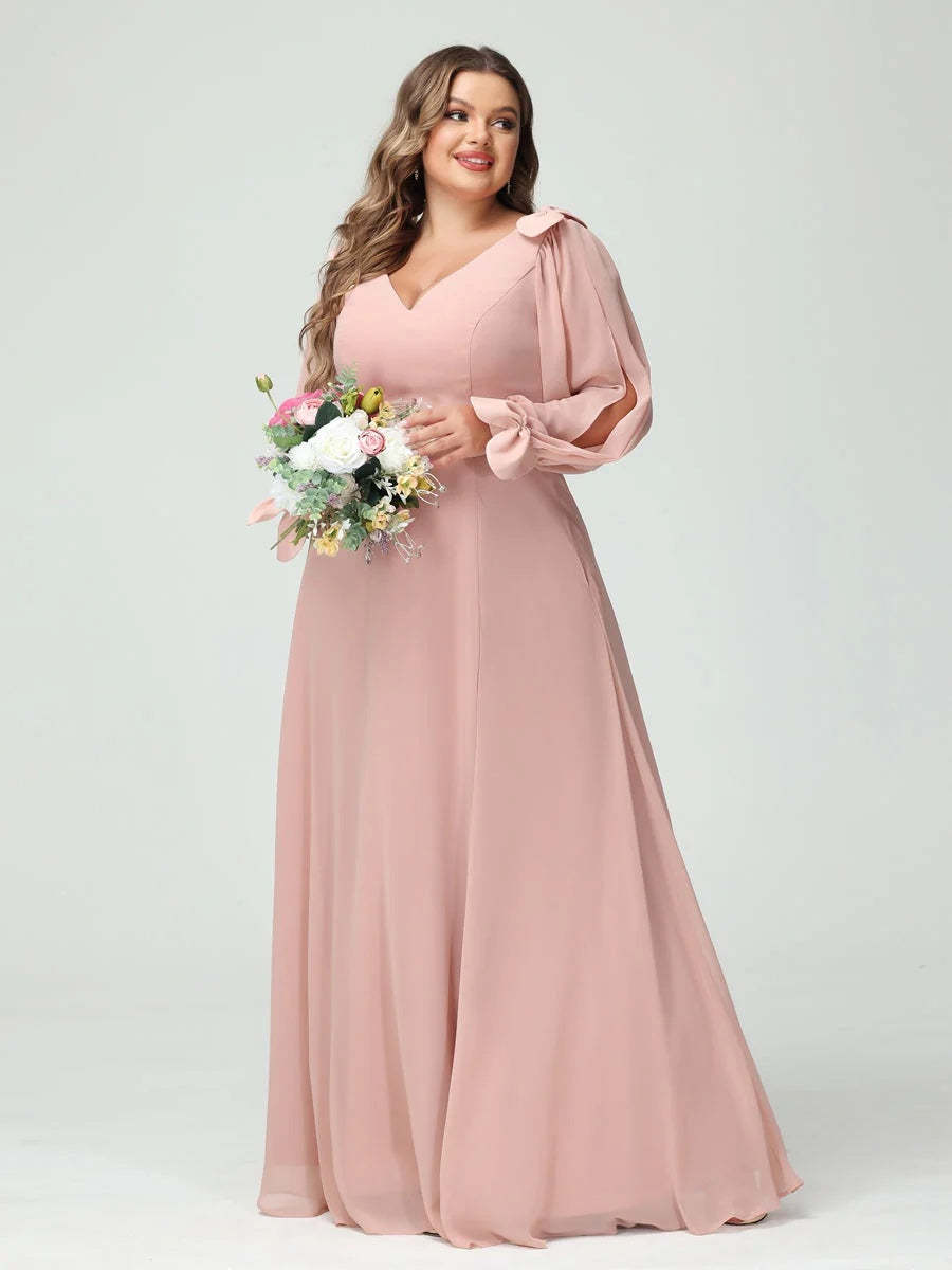 Plus Size V-Neck A-Line Princess Bridesmaid Dress with Long Sleeves, Side Split, and Pockets