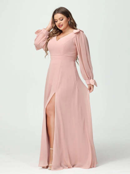 Plus Size V-Neck A-Line Princess Bridesmaid Dress with Long Sleeves, Side Split, and Pockets