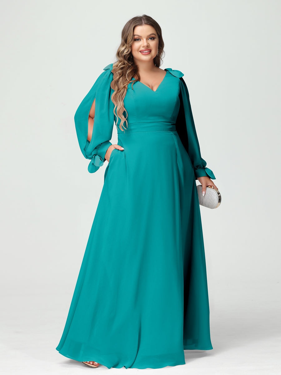 Plus Size V-Neck A-Line Princess Bridesmaid Dress with Long Sleeves, Side Split, and Pockets