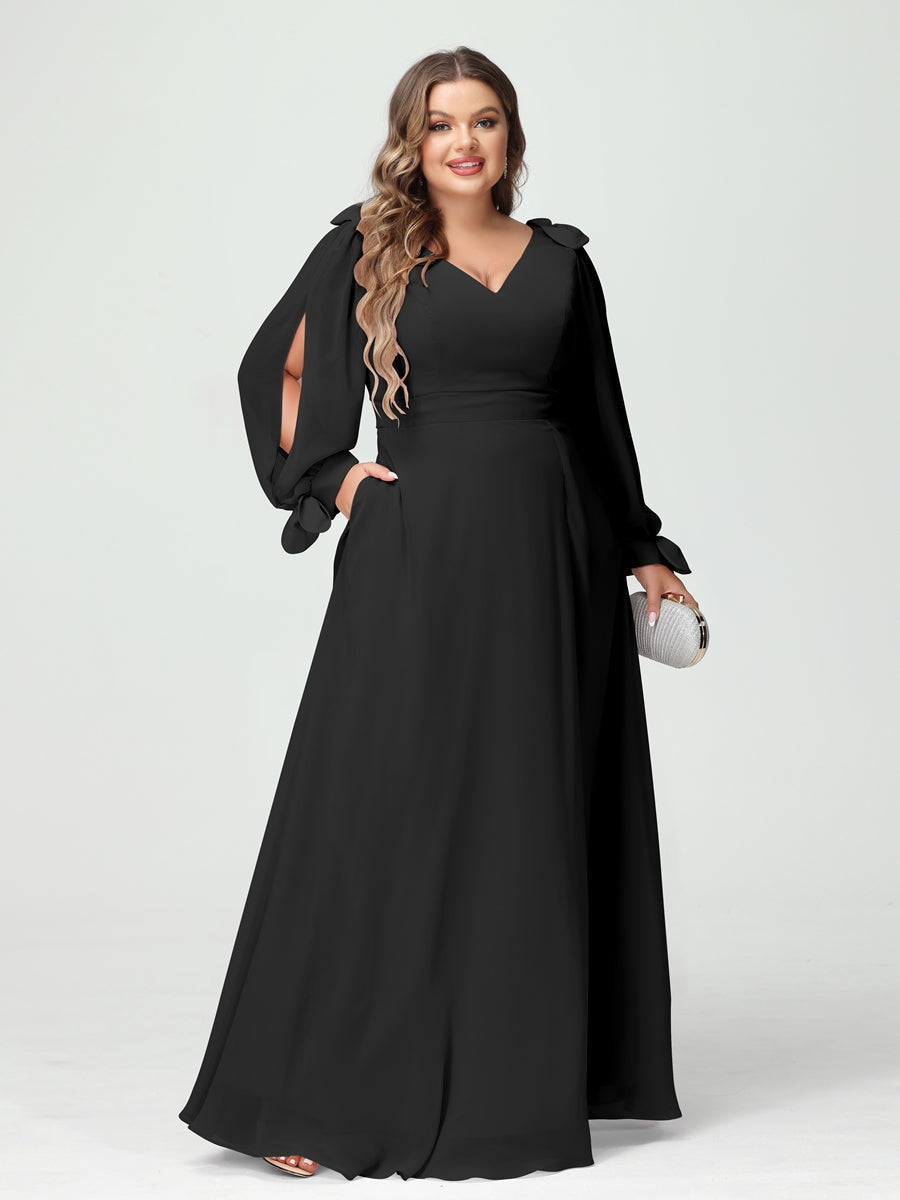 Plus Size V-Neck A-Line Princess Bridesmaid Dress with Long Sleeves, Side Split, and Pockets