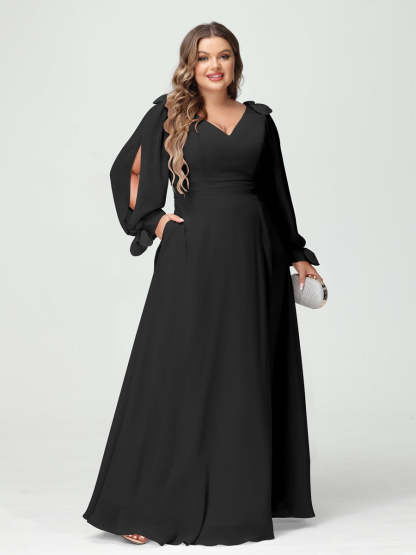 Plus Size V-Neck A-Line Princess Bridesmaid Dress with Long Sleeves, Side Split, and Pockets