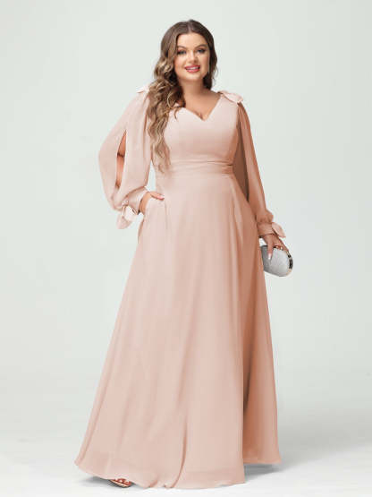 Plus Size V-Neck A-Line Princess Bridesmaid Dress with Long Sleeves, Side Split, and Pockets