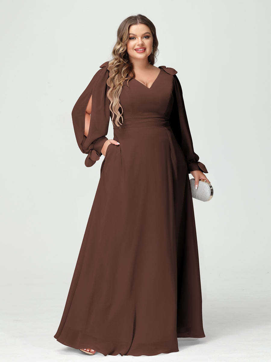 Plus Size V-Neck A-Line Princess Bridesmaid Dress with Long Sleeves, Side Split, and Pockets