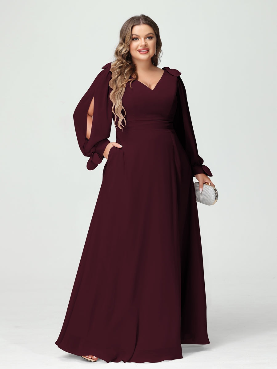 Plus Size V-Neck A-Line Princess Bridesmaid Dress with Long Sleeves, Side Split, and Pockets
