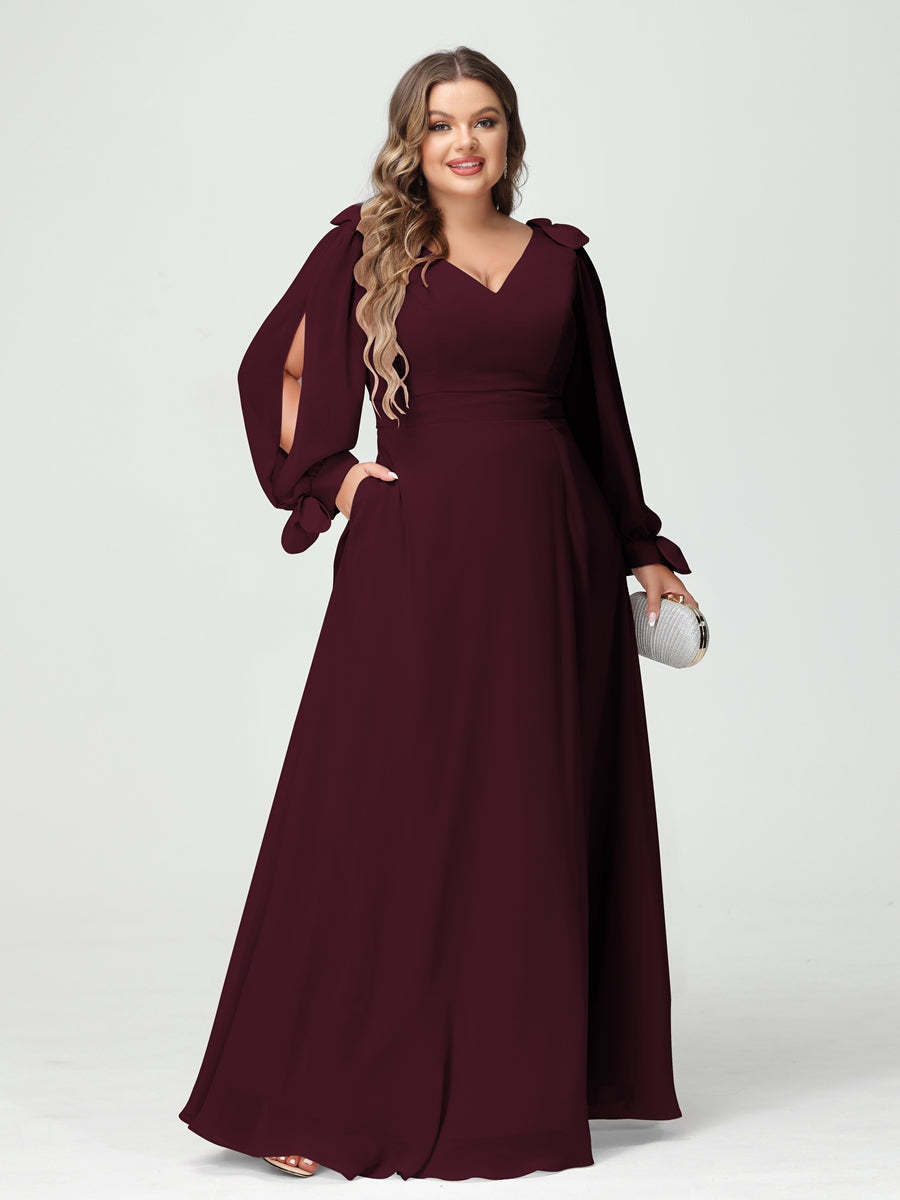 Plus Size V-Neck A-Line Princess Bridesmaid Dress with Long Sleeves, Side Split, and Pockets