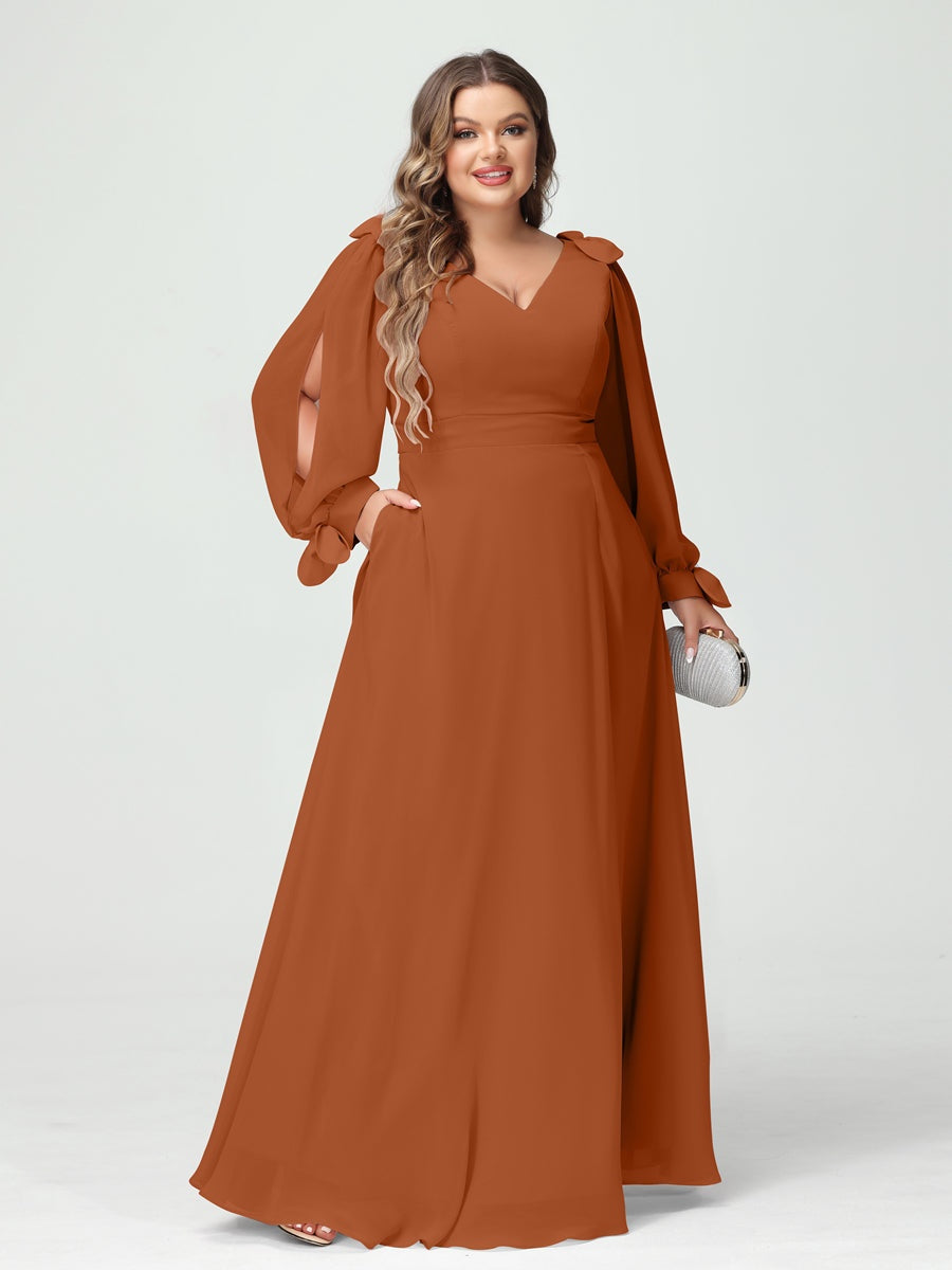 Plus Size V-Neck A-Line Princess Bridesmaid Dress with Long Sleeves, Side Split, and Pockets