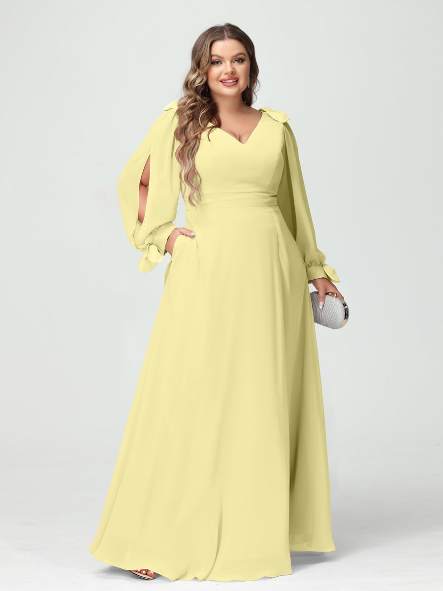 Plus Size V-Neck A-Line Princess Bridesmaid Dress with Long Sleeves, Side Split, and Pockets