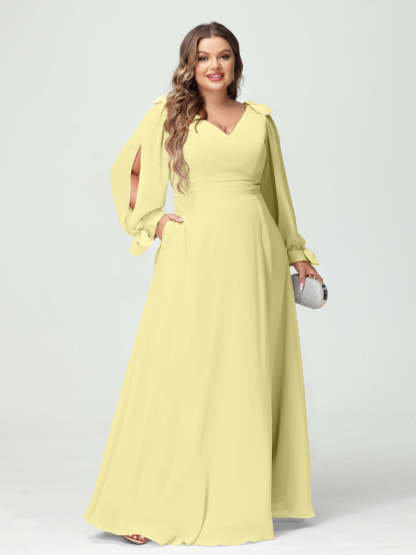 Plus Size V-Neck A-Line Princess Bridesmaid Dress with Long Sleeves, Side Split, and Pockets