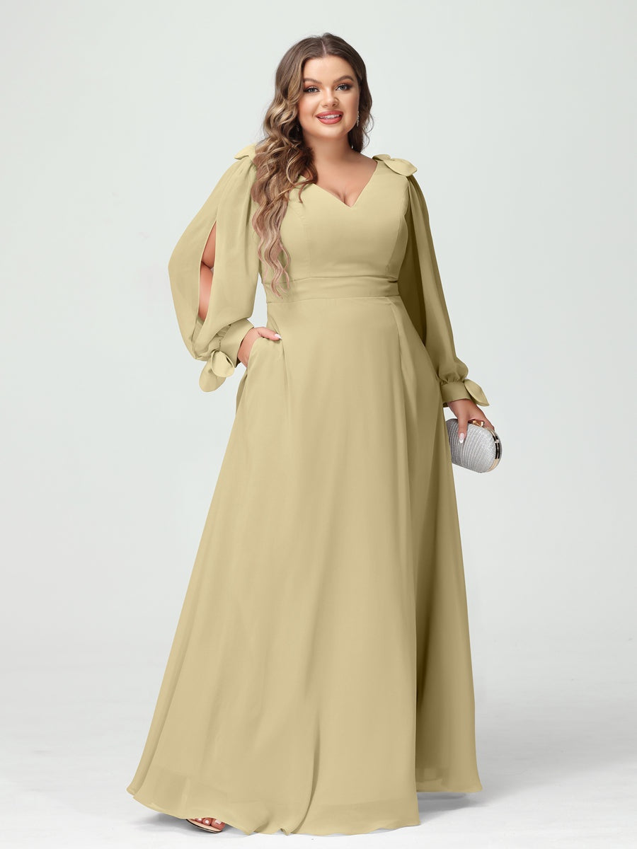 Plus Size V-Neck A-Line Princess Bridesmaid Dress with Long Sleeves, Side Split, and Pockets
