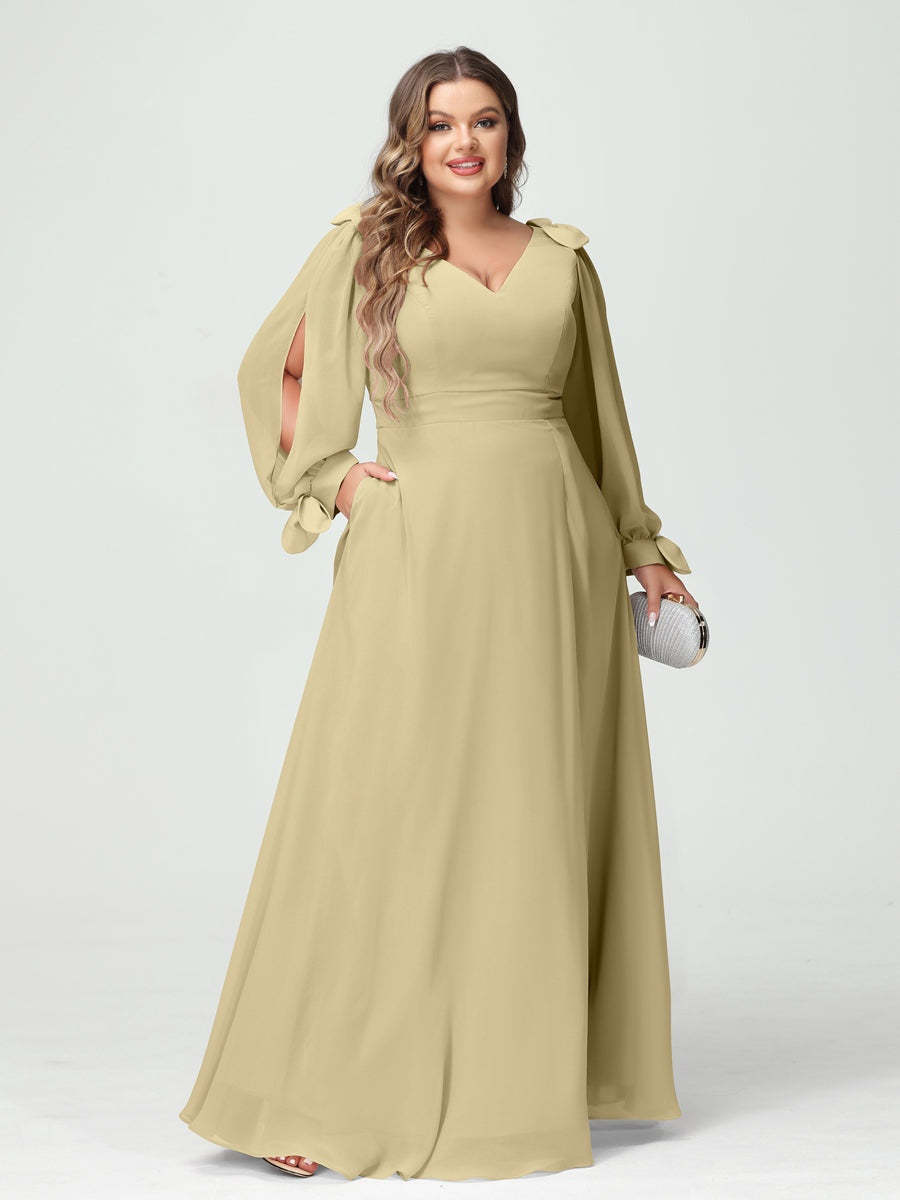 Plus Size V-Neck A-Line Princess Bridesmaid Dress with Long Sleeves, Side Split, and Pockets