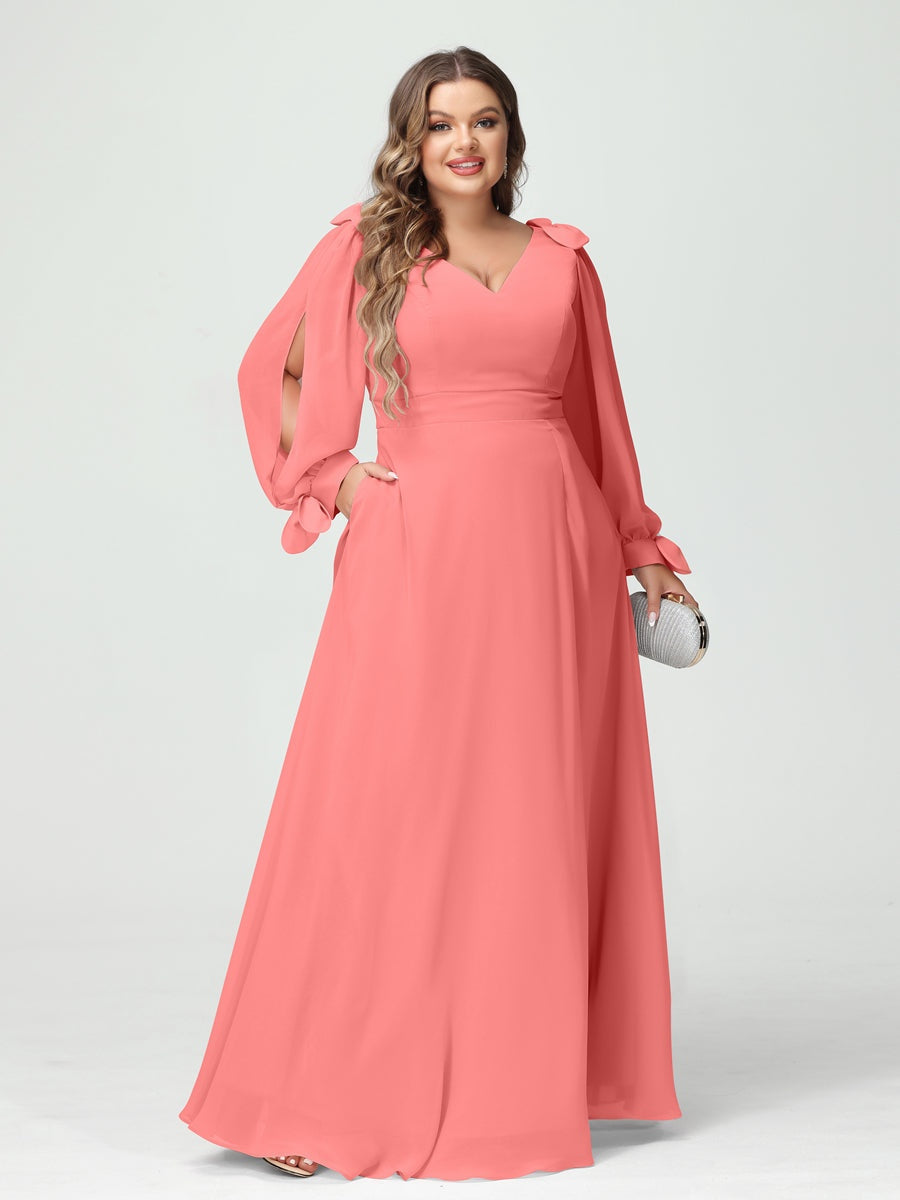 Plus Size V-Neck A-Line Princess Bridesmaid Dress with Long Sleeves, Side Split, and Pockets
