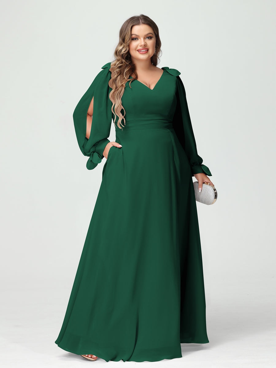 Plus Size V-Neck A-Line Princess Bridesmaid Dress with Long Sleeves, Side Split, and Pockets