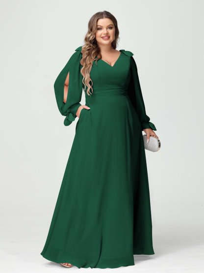 Plus Size V-Neck A-Line Princess Bridesmaid Dress with Long Sleeves, Side Split, and Pockets