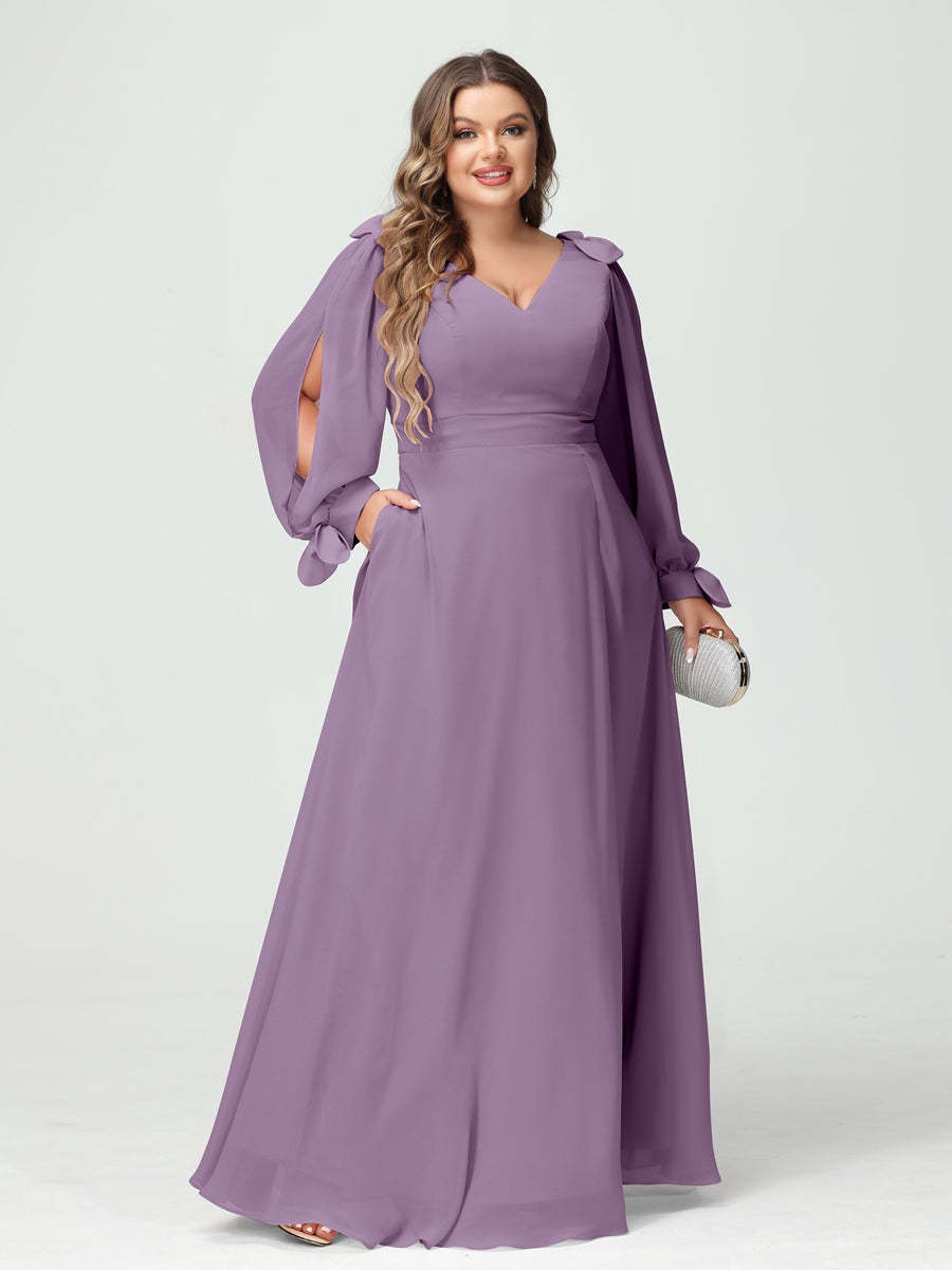 Plus Size V-Neck A-Line Princess Bridesmaid Dress with Long Sleeves, Side Split, and Pockets