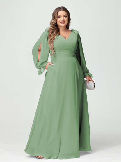 Plus Size V-Neck A-Line Princess Bridesmaid Dress with Long Sleeves, Side Split, and Pockets