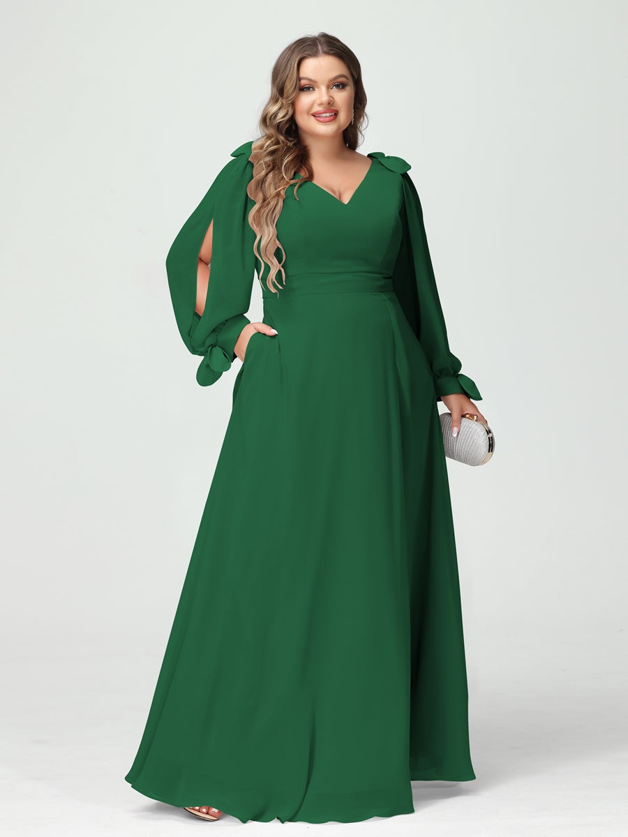 Plus Size V-Neck A-Line Princess Bridesmaid Dress with Long Sleeves, Side Split, and Pockets