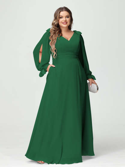 Plus Size V-Neck A-Line Princess Bridesmaid Dress with Long Sleeves, Side Split, and Pockets