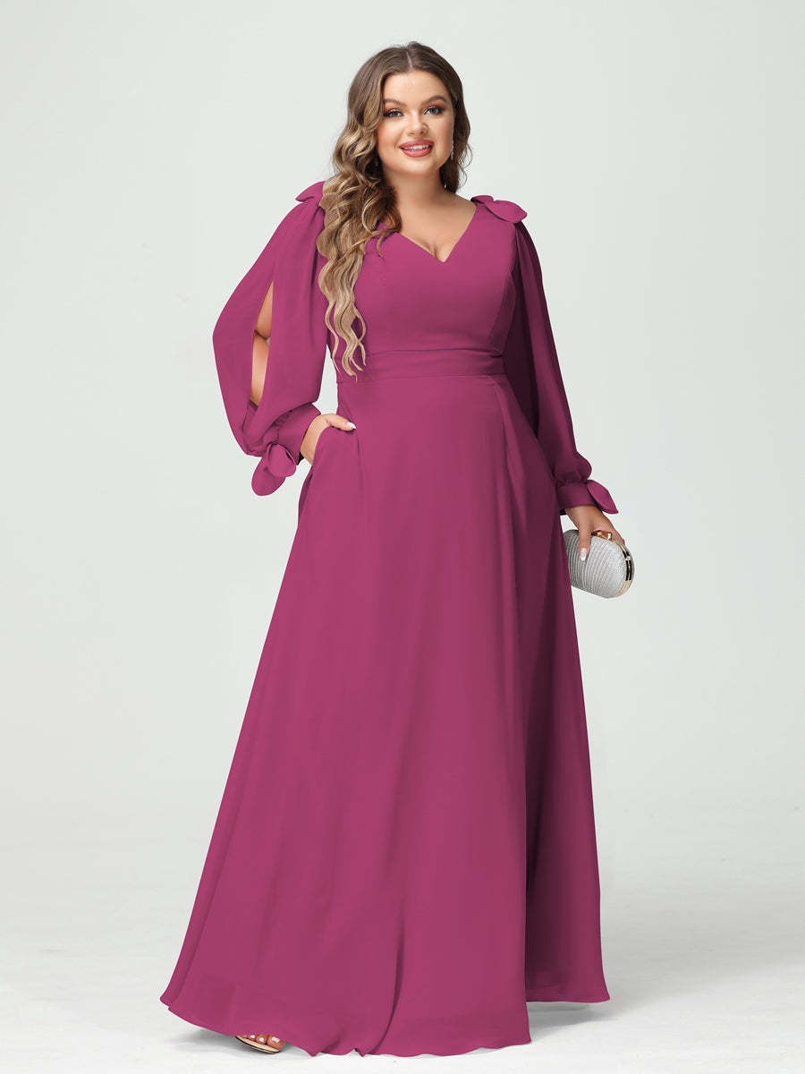 Plus Size V-Neck A-Line Princess Bridesmaid Dress with Long Sleeves, Side Split, and Pockets