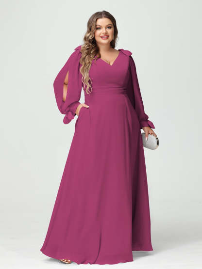 Plus Size V-Neck A-Line Princess Bridesmaid Dress with Long Sleeves, Side Split, and Pockets