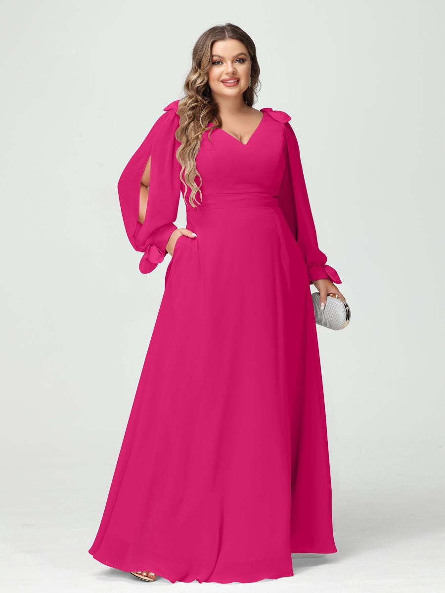 Plus Size V-Neck A-Line Princess Bridesmaid Dress with Long Sleeves, Side Split, and Pockets