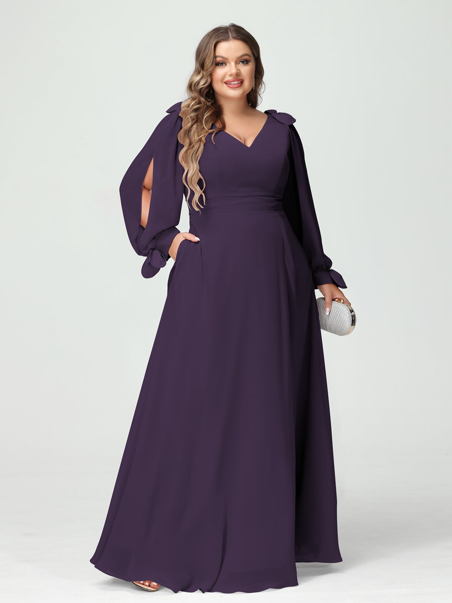 Plus Size V-Neck A-Line Princess Bridesmaid Dress with Long Sleeves, Side Split, and Pockets