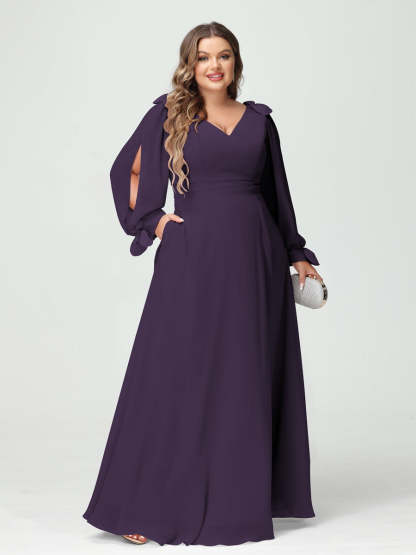 Plus Size V-Neck A-Line Princess Bridesmaid Dress with Long Sleeves, Side Split, and Pockets