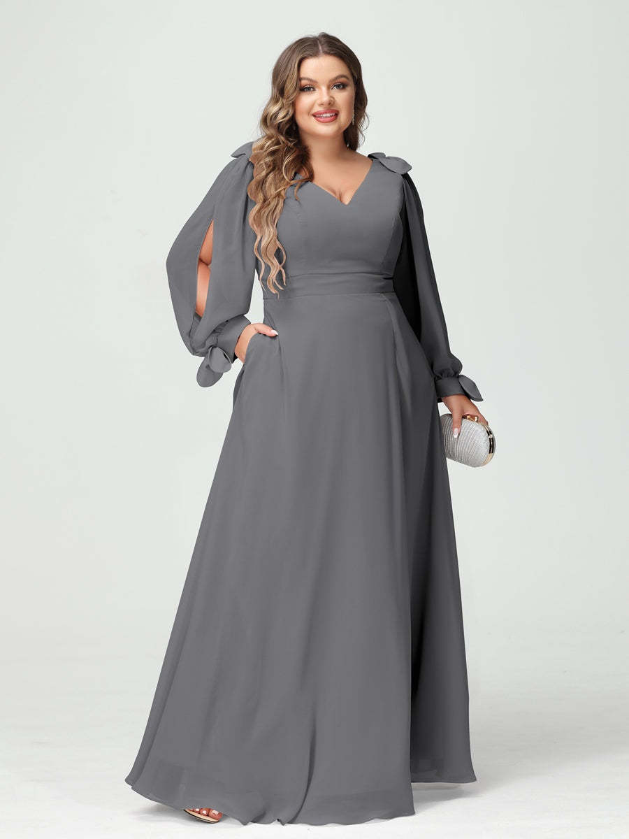 Plus Size V-Neck A-Line Princess Bridesmaid Dress with Long Sleeves, Side Split, and Pockets