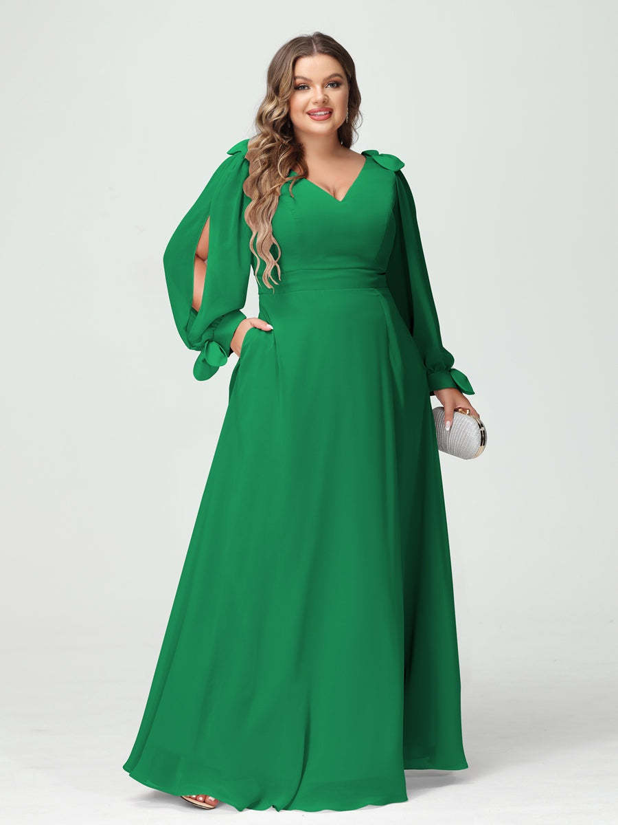 Plus Size V-Neck A-Line Princess Bridesmaid Dress with Long Sleeves, Side Split, and Pockets