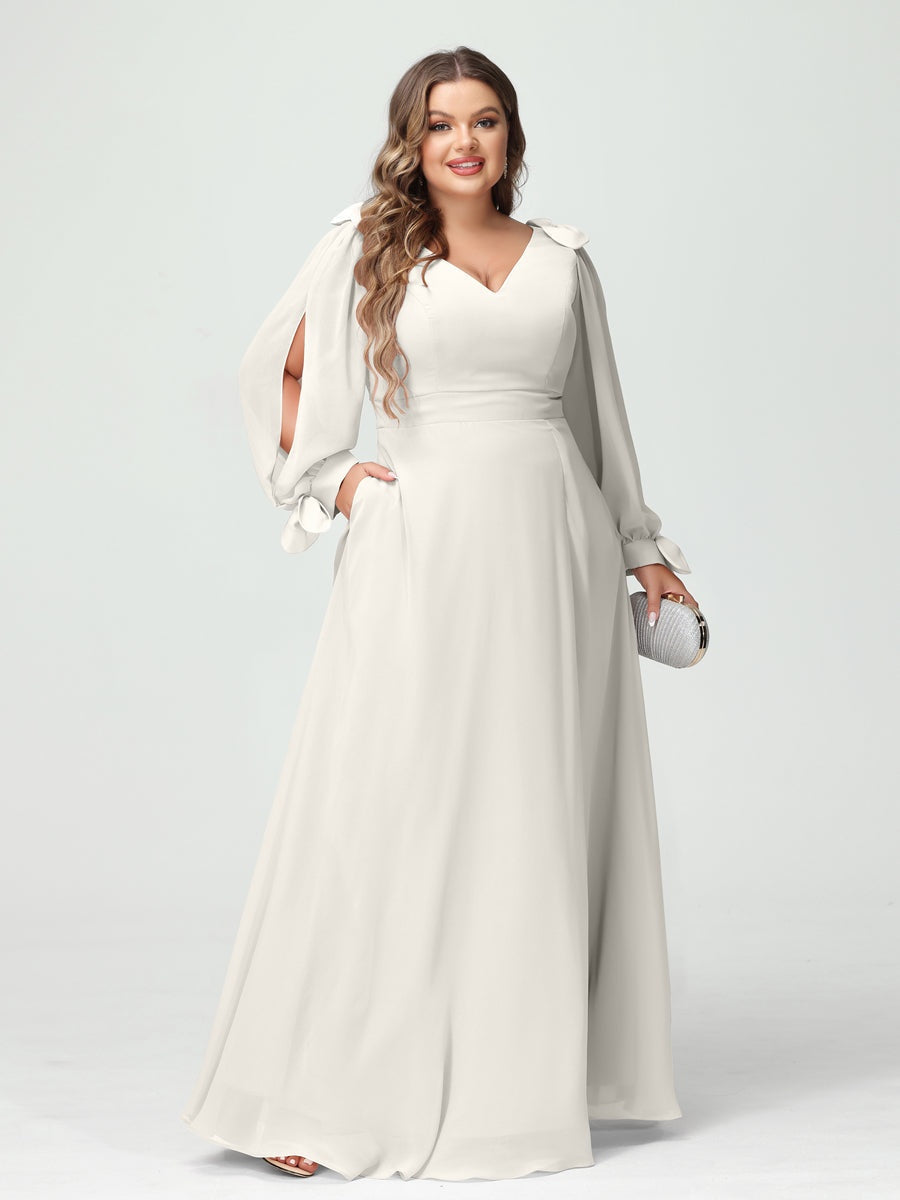 Plus Size V-Neck A-Line Princess Bridesmaid Dress with Long Sleeves, Side Split, and Pockets