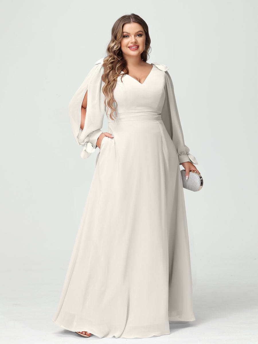 Plus Size V-Neck A-Line Princess Bridesmaid Dress with Long Sleeves, Side Split, and Pockets