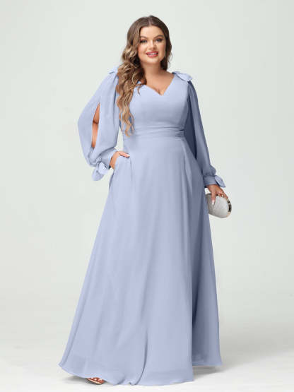 Plus Size V-Neck A-Line Princess Bridesmaid Dress with Long Sleeves, Side Split, and Pockets