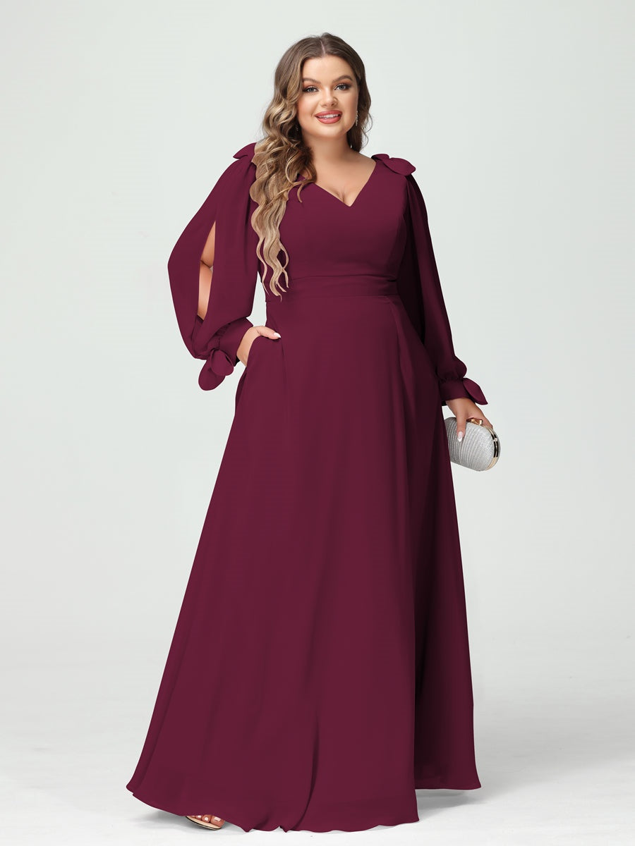 Plus Size V-Neck A-Line Princess Bridesmaid Dress with Long Sleeves, Side Split, and Pockets