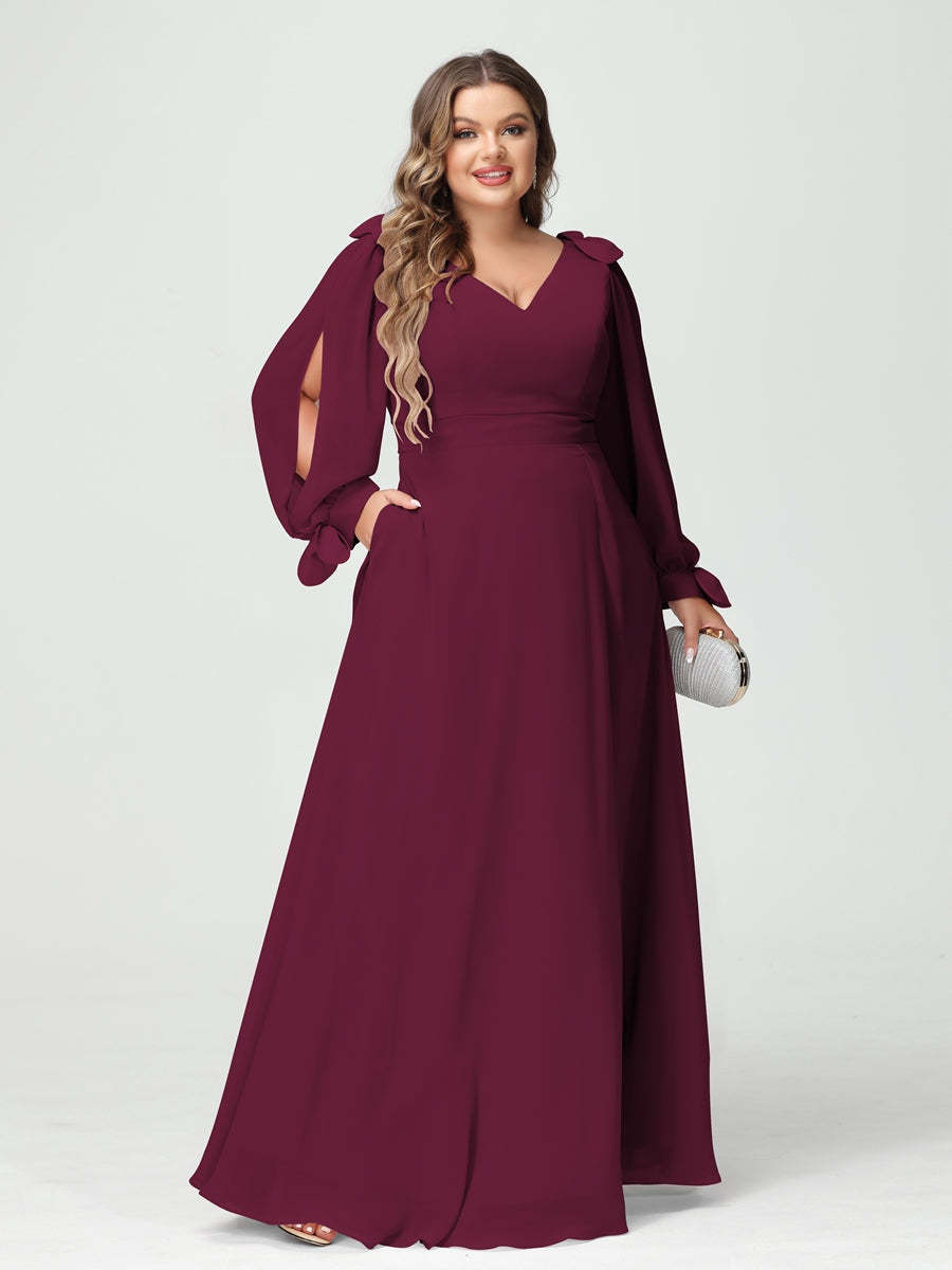 Plus Size V-Neck A-Line Princess Bridesmaid Dress with Long Sleeves, Side Split, and Pockets