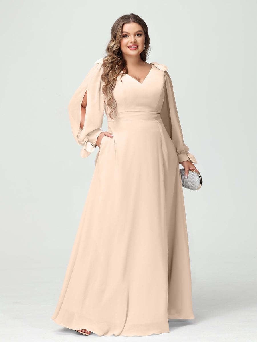 Plus Size V-Neck A-Line Princess Bridesmaid Dress with Long Sleeves, Side Split, and Pockets