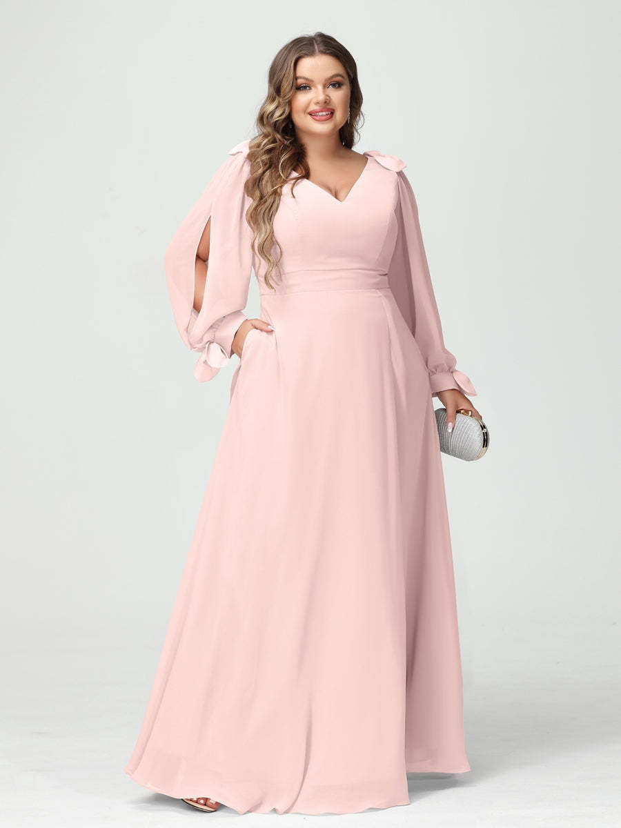 Plus Size V-Neck A-Line Princess Bridesmaid Dress with Long Sleeves, Side Split, and Pockets