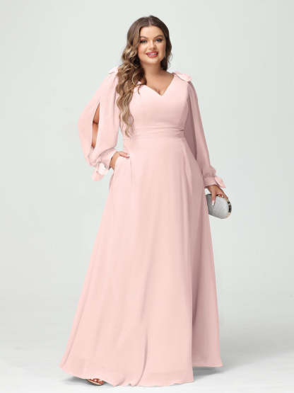 Plus Size V-Neck A-Line Princess Bridesmaid Dress with Long Sleeves, Side Split, and Pockets