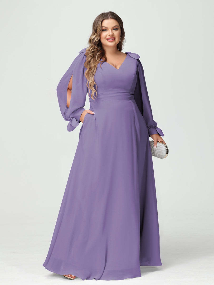 Plus Size V-Neck A-Line Princess Bridesmaid Dress with Long Sleeves, Side Split, and Pockets
