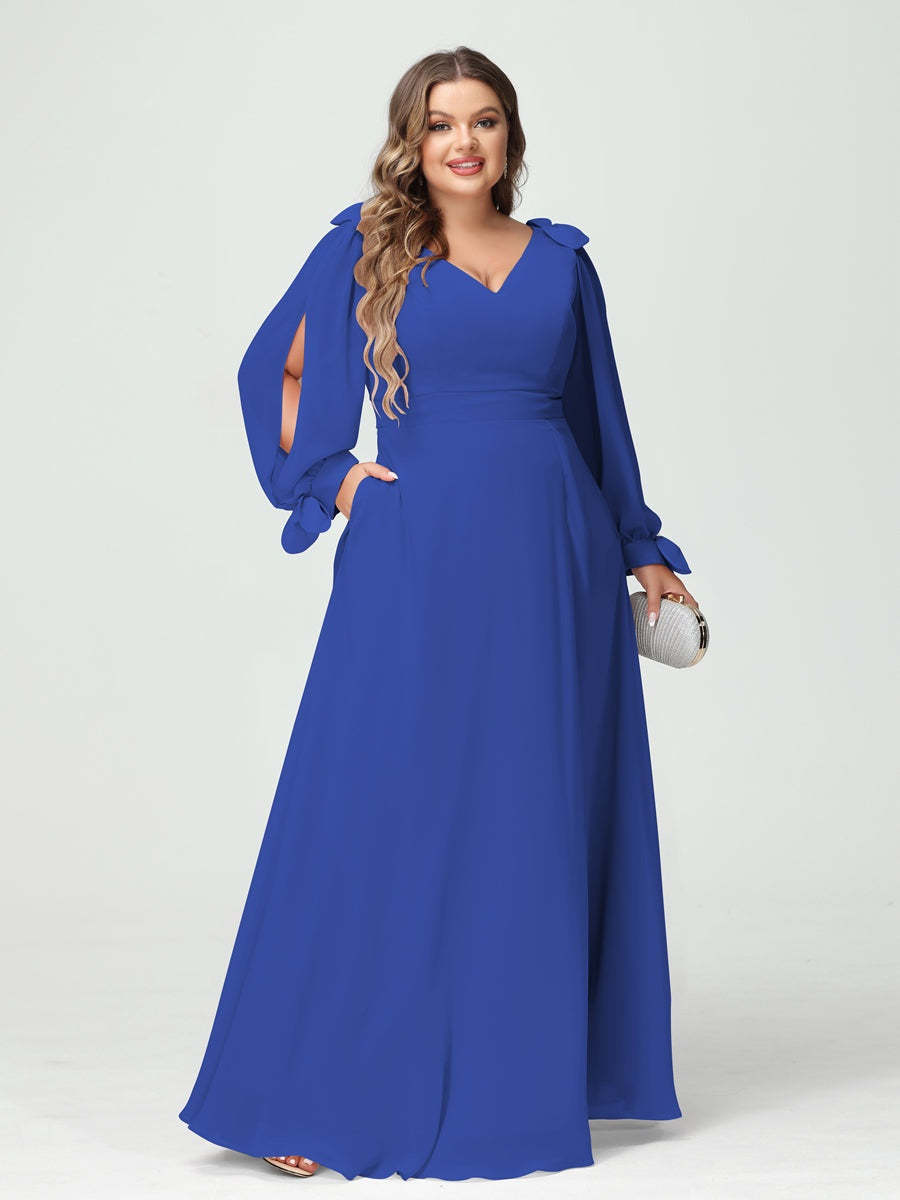 Plus Size V-Neck A-Line Princess Bridesmaid Dress with Long Sleeves, Side Split, and Pockets