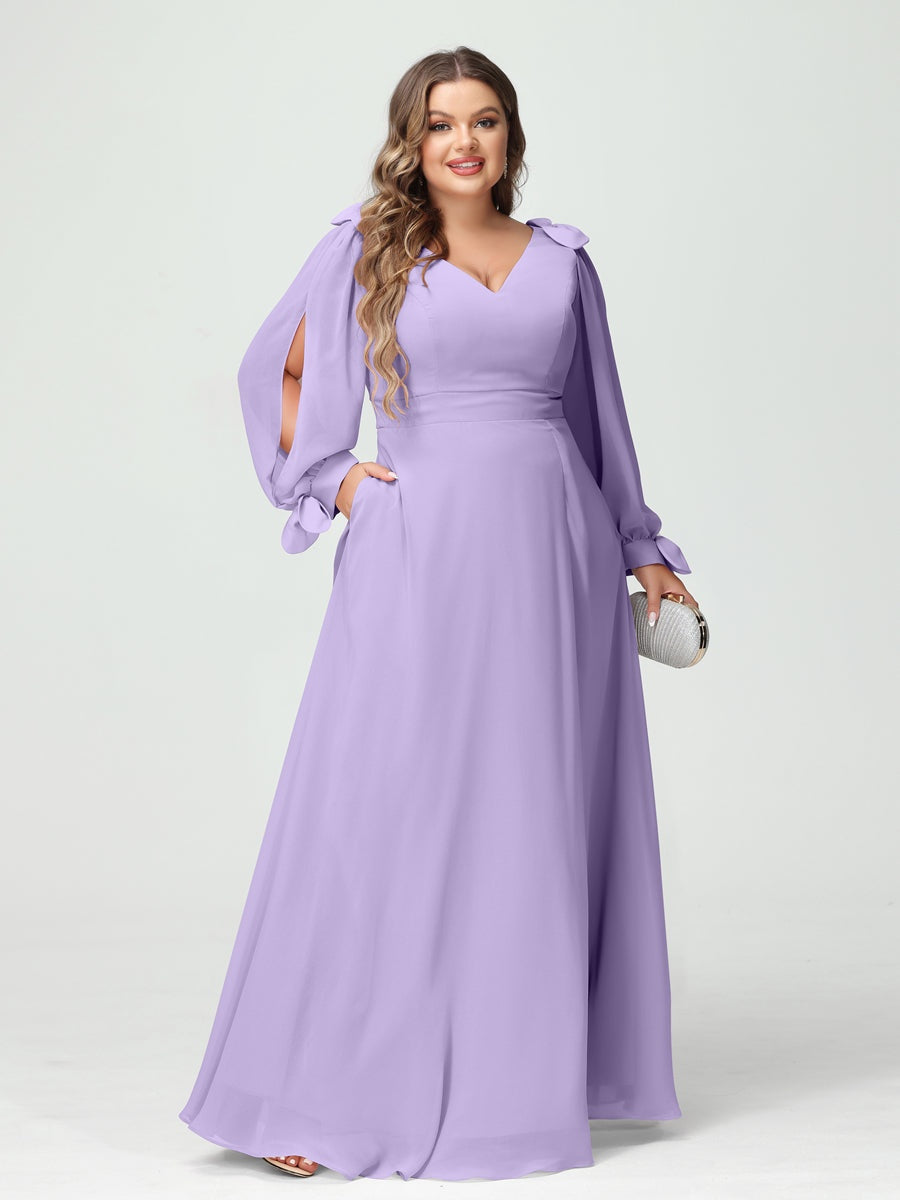 Plus Size V-Neck A-Line Princess Bridesmaid Dress with Long Sleeves, Side Split, and Pockets