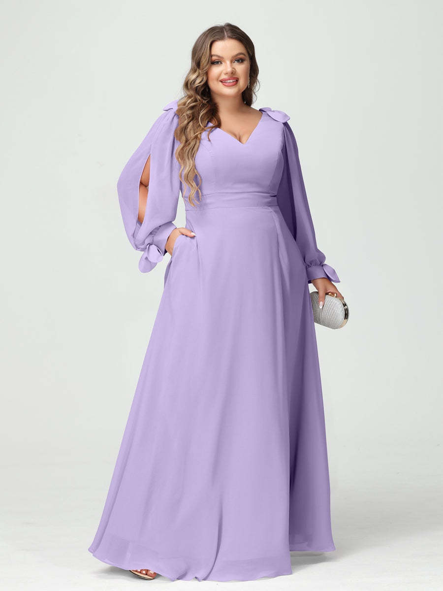Plus Size V-Neck A-Line Princess Bridesmaid Dress with Long Sleeves, Side Split, and Pockets