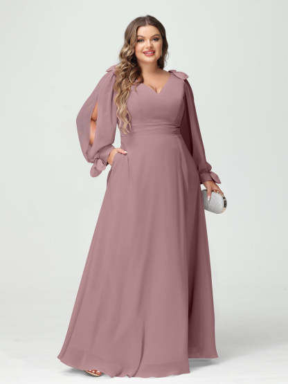 Plus Size V-Neck A-Line Princess Bridesmaid Dress with Long Sleeves, Side Split, and Pockets
