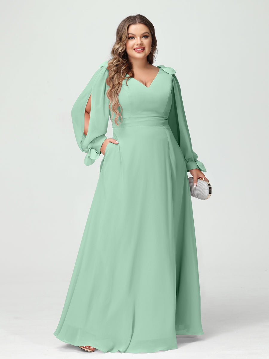 Plus Size V-Neck A-Line Princess Bridesmaid Dress with Long Sleeves, Side Split, and Pockets
