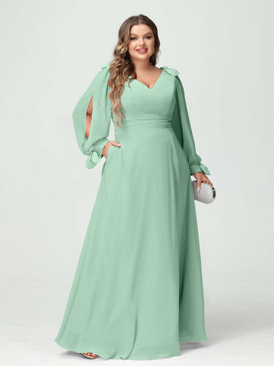 Plus Size V-Neck A-Line Princess Bridesmaid Dress with Long Sleeves, Side Split, and Pockets