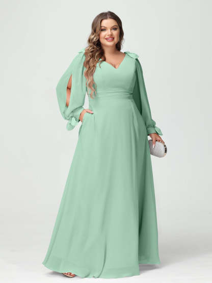 Plus Size V-Neck A-Line Princess Bridesmaid Dress with Long Sleeves, Side Split, and Pockets