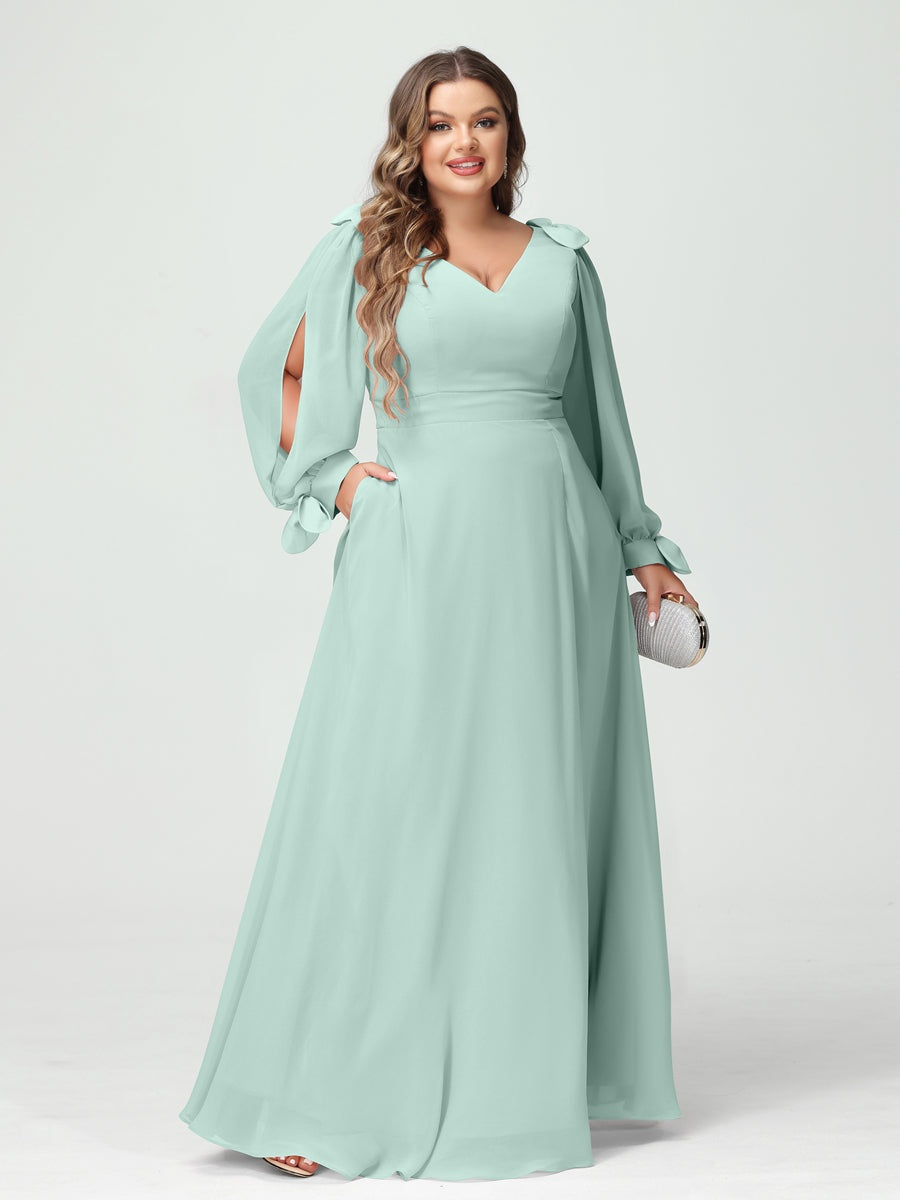 Plus Size V-Neck A-Line Princess Bridesmaid Dress with Long Sleeves, Side Split, and Pockets